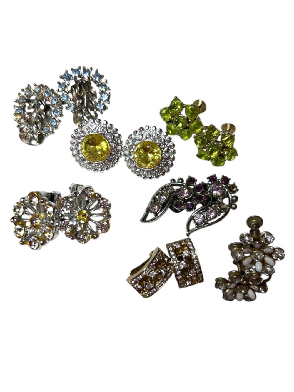Vintage Earrings 7 Pairs Clip On Silver-tone Rhinestones Excellent Condition